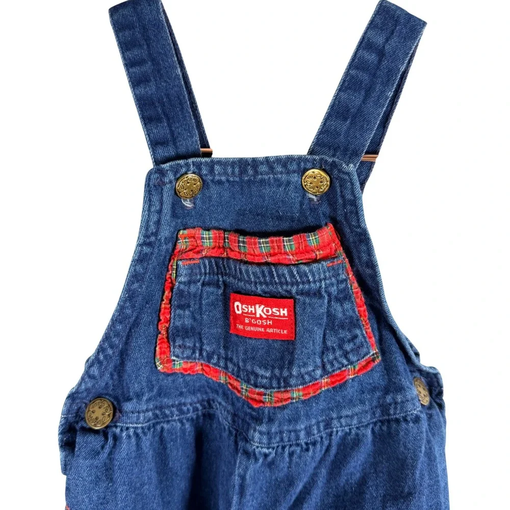 Vintage OshKosh B'gosh Vestbak Denim Overalls 2T Plaid Trim Made in USA Blue